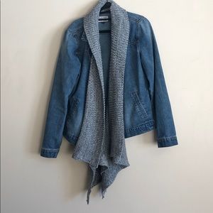 Denim jacket with knit attached cowl neck
